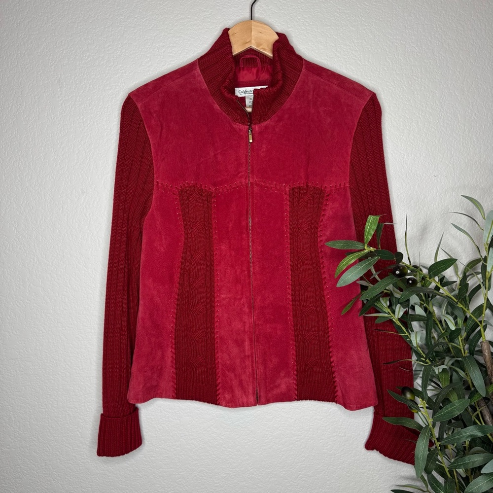 Coldwater Creek Women’s Red Suede Leather Cable Knit Zip Jacket Large Boho